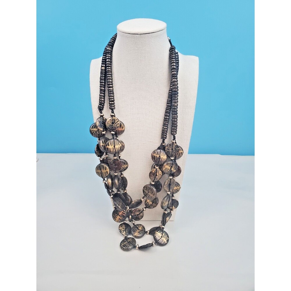 WINGS Brand Statement Necklace Multi Strand Beaded Black Gold Tone Chunky...